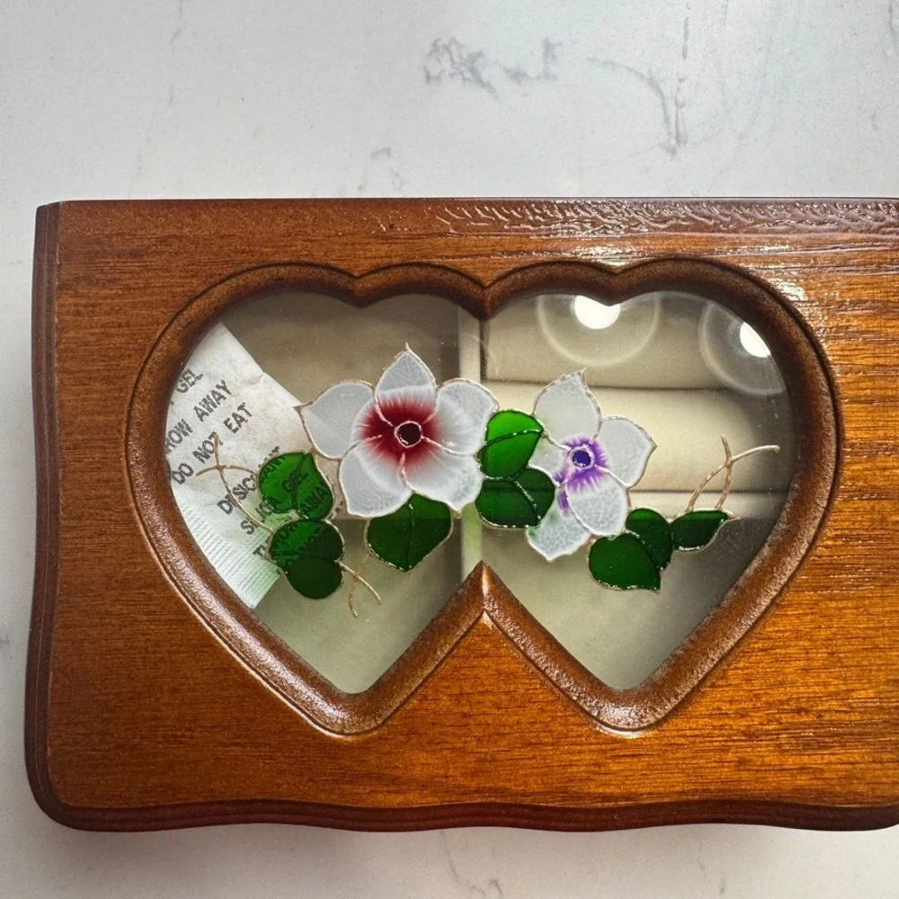 Vintage Kmart Walnut Finish Jewelry Box Stained Glass Double Heart Floral Lid